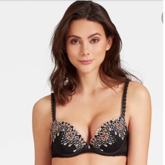 Aubade Paris Joyau Eternel Plunge Push Up Bra 36A Black Padded Embroidery Paris - Picture 1 of 11